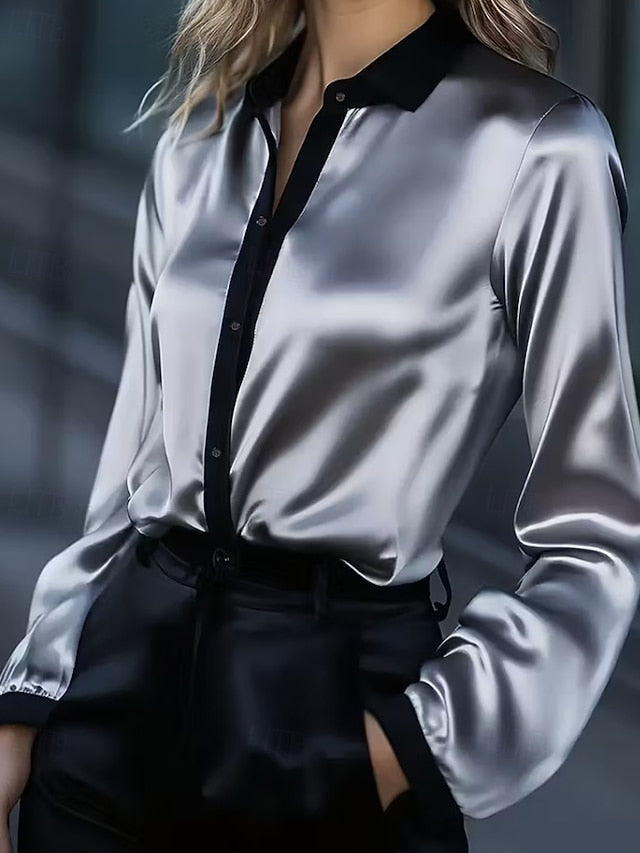 Women's Shirt Elegant Satin Top Blouse Patchwork Buttons