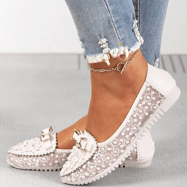 with Floral Women's Bow Flats Pink Details and Lace -