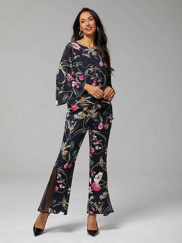 Women's Blouse Black Floral 3/4 Sleeve Loose Round Neck