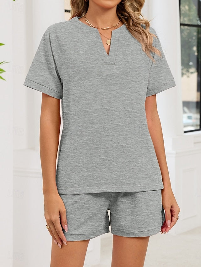 Women's Shorts Sets Short Sleeve V Neck Solid Color Fashion