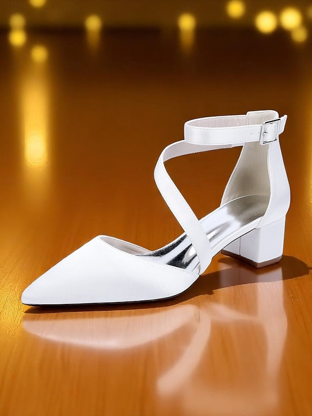 Satin Champagne - Block Toe Women's Heels Pointed