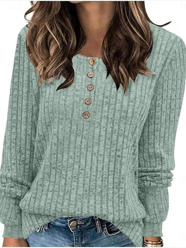 Women's Blouse Buttons Knit Solid Color Stylish Casual Long