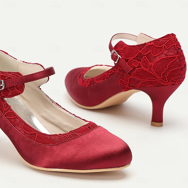 Lace Women's Heels Satin Red Comfortable - Mid-Heel Elegant