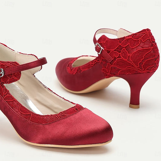 Lace Women's Heels Satin Red Comfortable - Mid-Heel Elegant