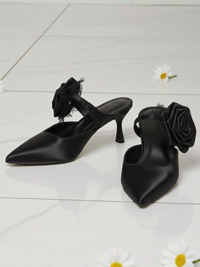 Floral Green with Heels Women's Toe Ankle Pointed Satin