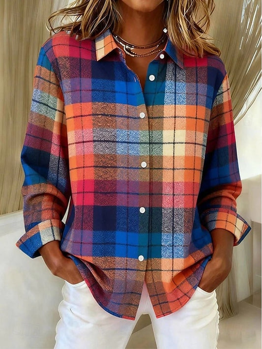 Women's Shirt Blouse Patchwork Buttons Print Plaid Casual