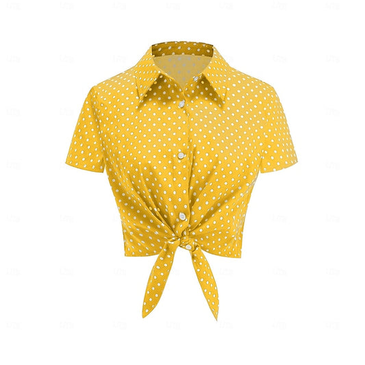 1950s Retro Vintage Crop Top Shirt Short Sleeves Polka Dot Fancy