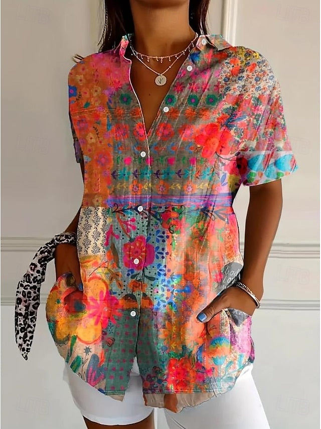 Women's Shirt Long Sleeve Button Down Blouse Floral Graphic