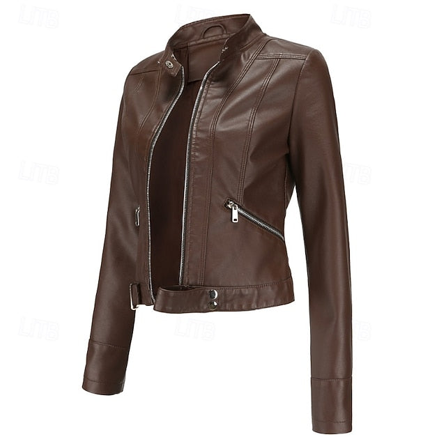 Jacket Pocket Leather Women's Zipper Faux Comfortable
