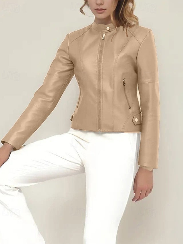 Jacket Comfortable Leather Pocket Women's Zipper Faux