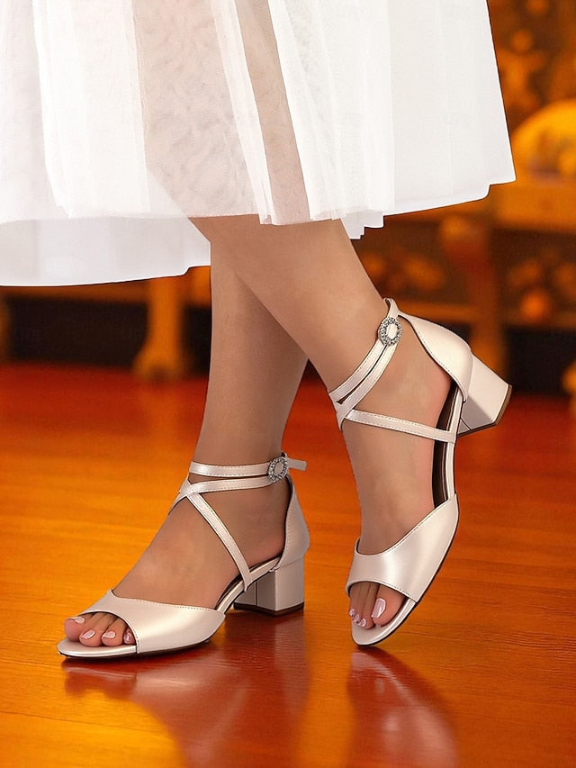 Ankle Strap Sandals Women's Block Heel with Satin - Elegant