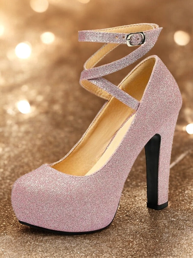 Women's Platform Strap Pink Glitter – with Ankle Heels