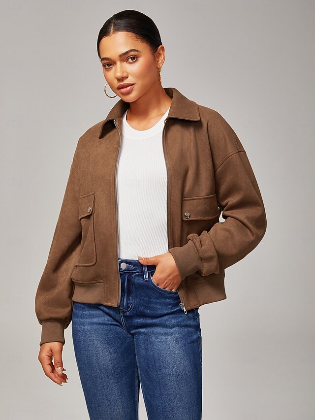 Women's Relaxed Faux Suede Zip Jacket Lapel Collar Ribbed