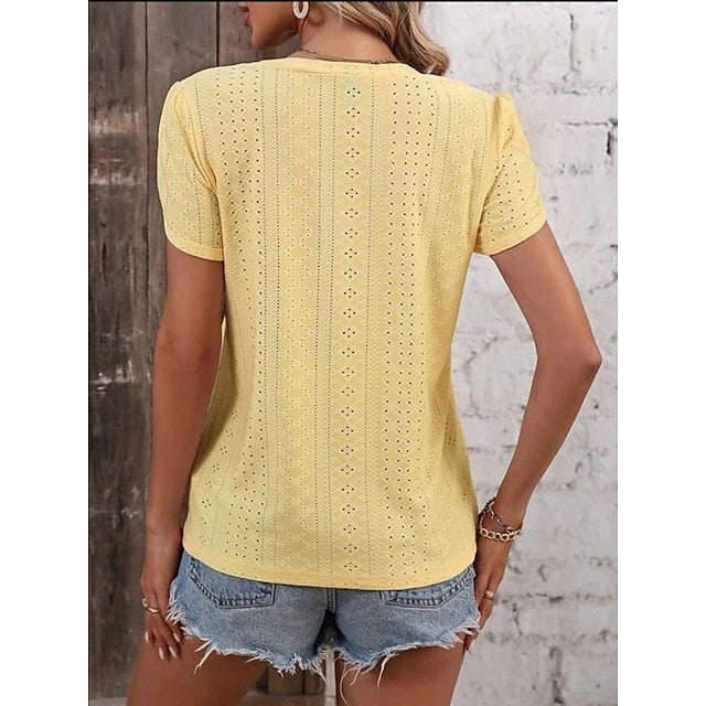 Women's T Shirt Eyelet Plain Fashion Stylish Classic Short