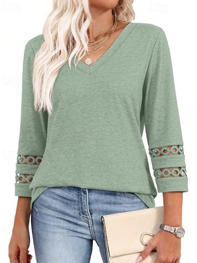 Women's T Shirt Eyelet Plain Casual Long Sleeve V Neck