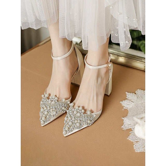 Women's Heel Embellished Wedding Rhinestone and Pearl Block