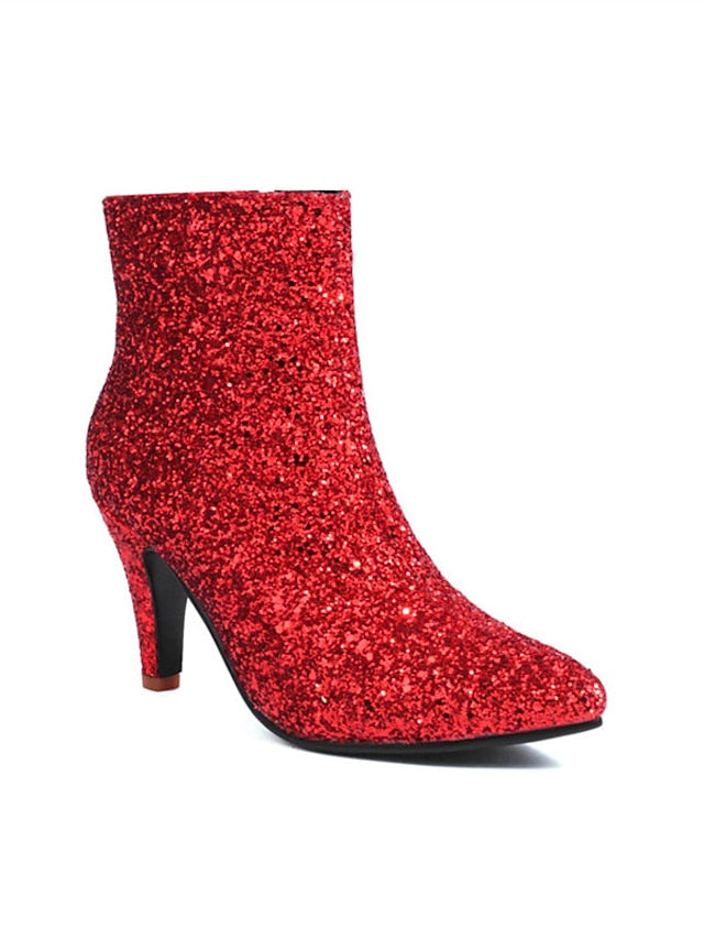 Sparkly High Boots Women's Heel Red Glitter Ankle –