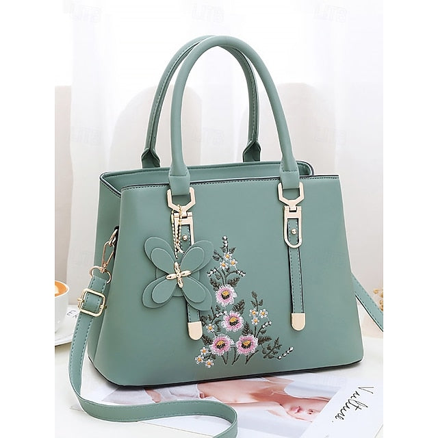 Faux Women's Handbag Embroidery Floral with Leather Green