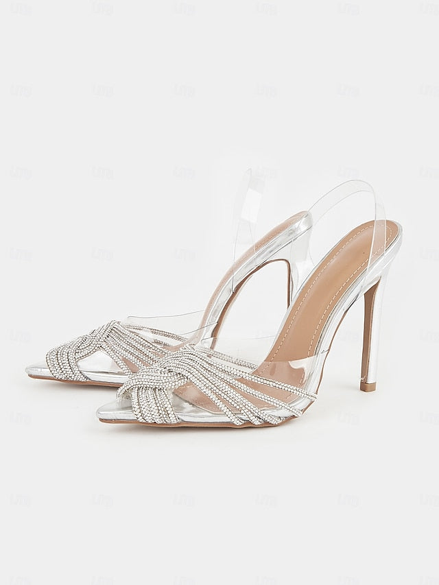 Sandals Stiletto Rhinestone – Silver Straps with Transparent