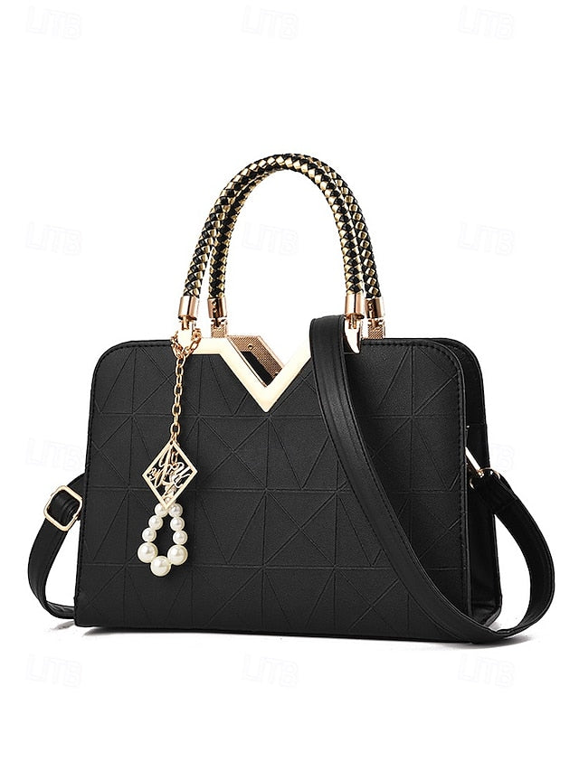 Women's Faux Leather Handbag with Pearl Pendant – Elegant