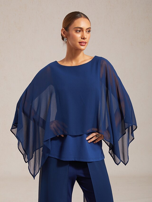 Women's Royal Blue Modal Chiffon Crewneck Sleeveless Cape