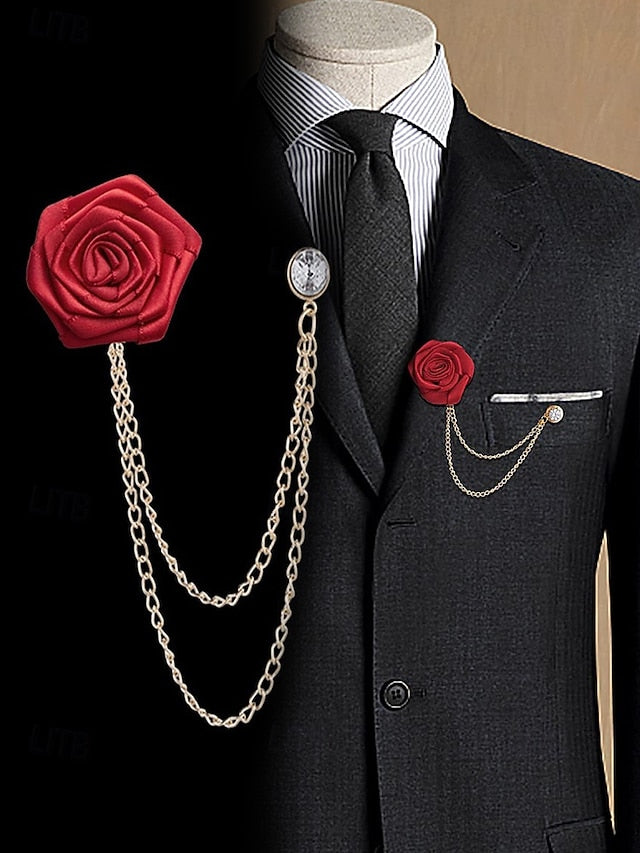 Men's Lapel Pin Rose with Chain Gold Elegant – Red