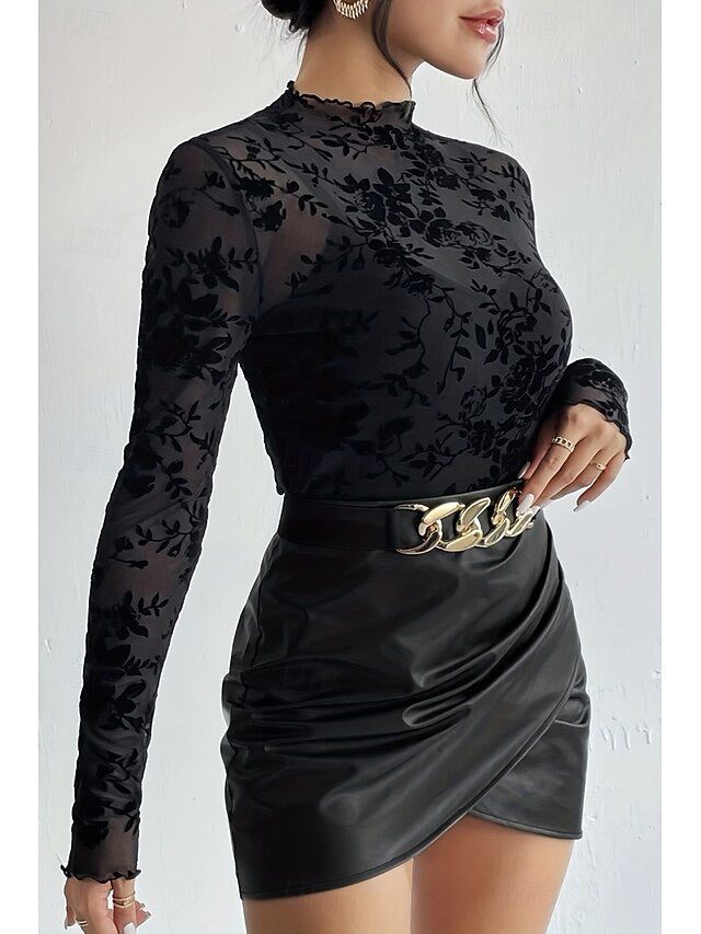 Women's Blouse Mesh Plain Stylish Long Sleeve High Neck