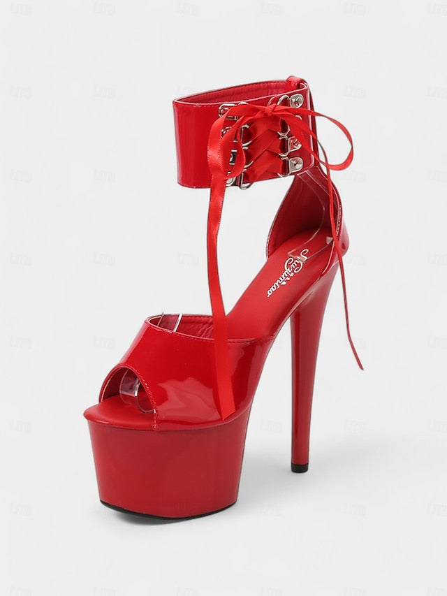 Black Patent with Leather Lace-Up Sandals Ankle Straps Platform