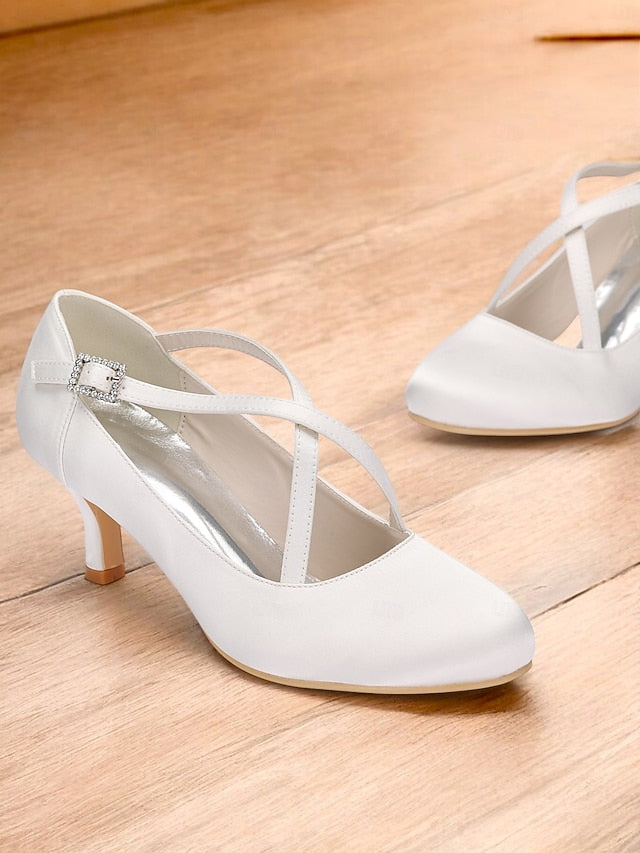 Heels Satin Cross-Strap – Rhinestone White with Elegant Buckle