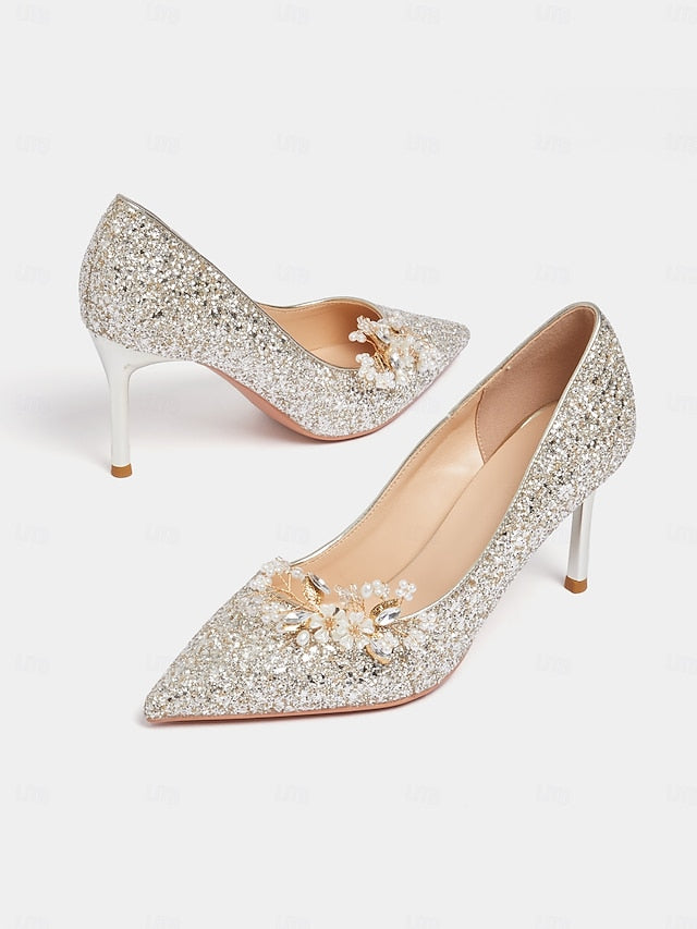 Heels Floral Silver with Women's Glitter Stiletto