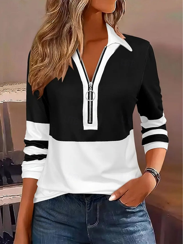 Women's Blouse Zipper Striped Stylish Casual Long Sleeve
