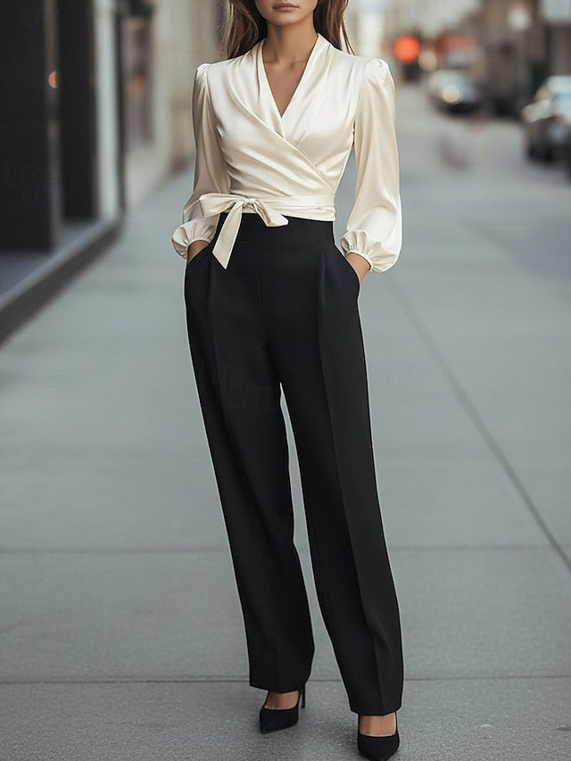 Women's Shirt Elegant Satin Top Blouse Lace up Plain