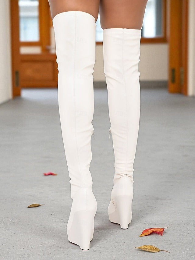 Women's Knee the - Black Heel Faux Wedge Over Boots Leather