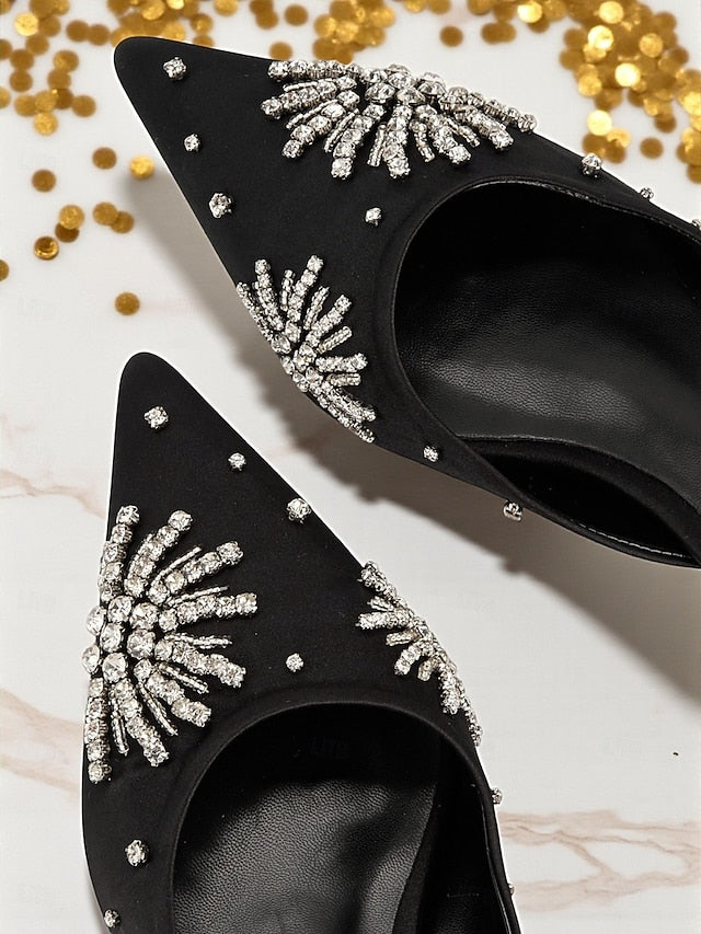 Satin Rhinestone with Toe Women's Pointed Mules Black