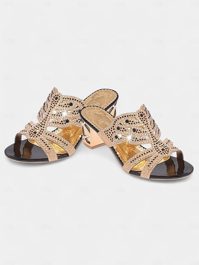 Rhinestone Embellished Heeled Gold and - Sandals Green