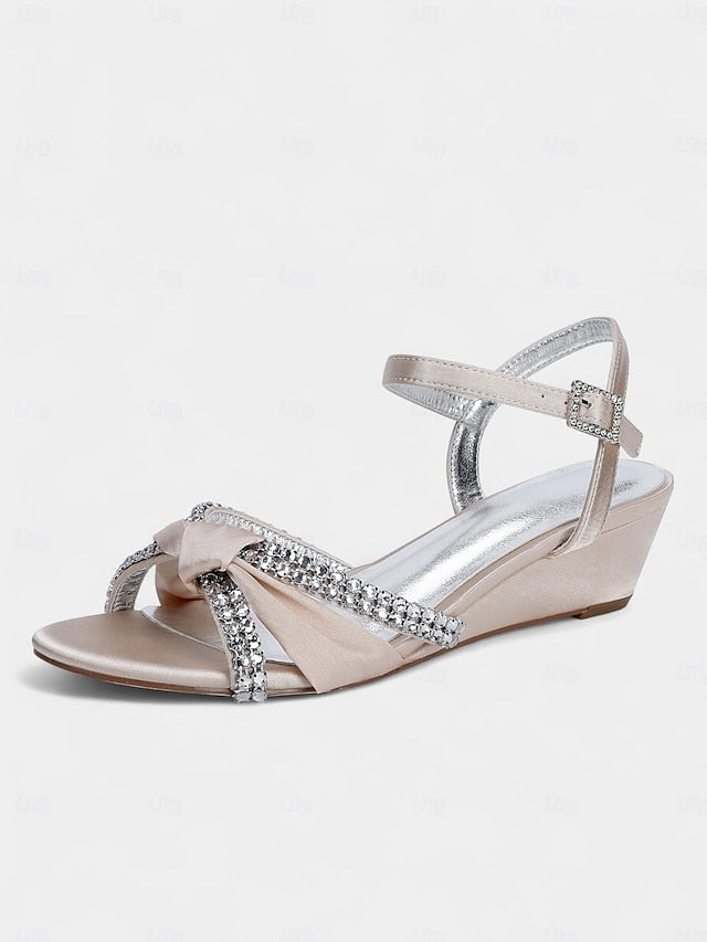 Satin Wedge Sandals Green Women's - Knot Rhinestone