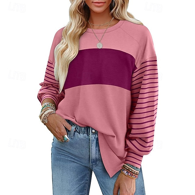 Women's T Shirt Tee Top Patchwork Striped Fashion Classic
