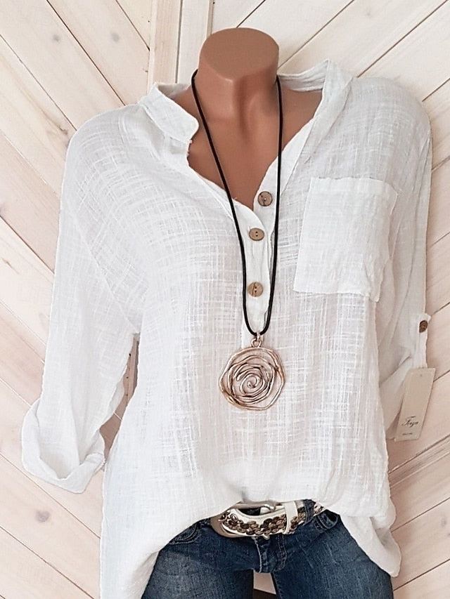 Women's Shirt Cotton Linen Shirts Blouse Buttons Solid