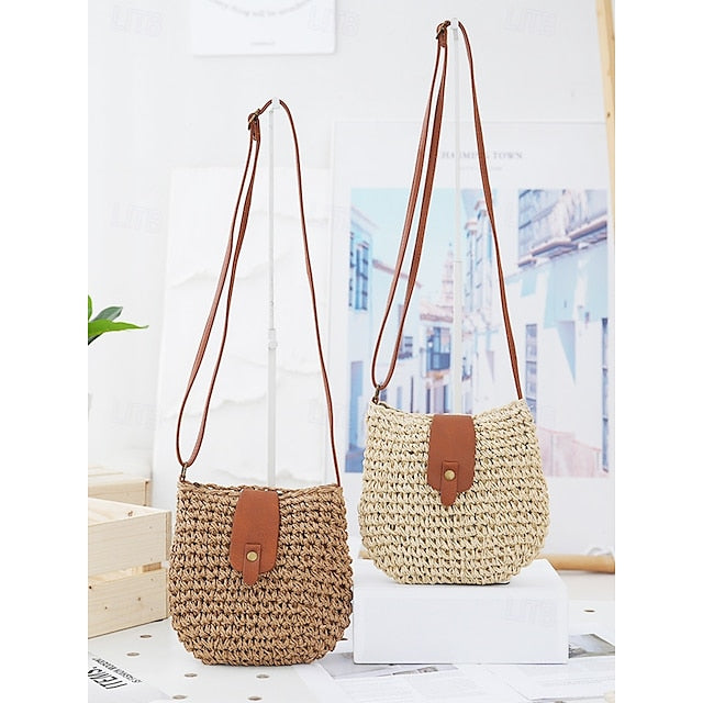 - Sac à bandoulière chic pour femme avec bandoulière en paille tressée en cuir