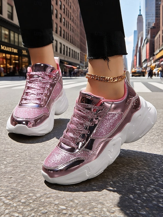 with Chunky Platform Metallic Sneakers Women's Glitter