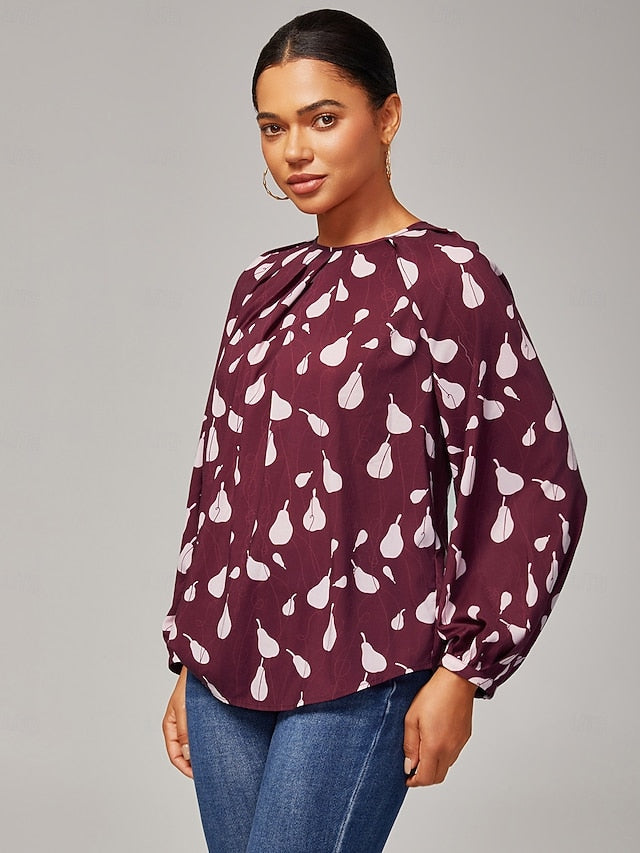 Women's Top Casual Loose Fit Pear Print Long Sleeve Wine