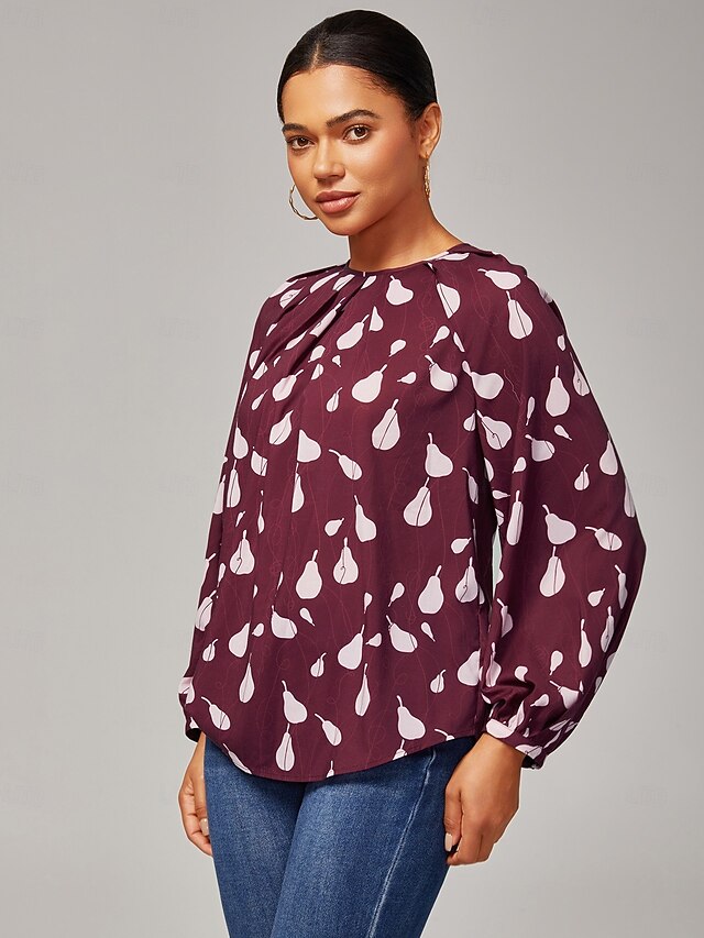 Women's Top Casual Loose Fit Pear Print Long Sleeve Wine