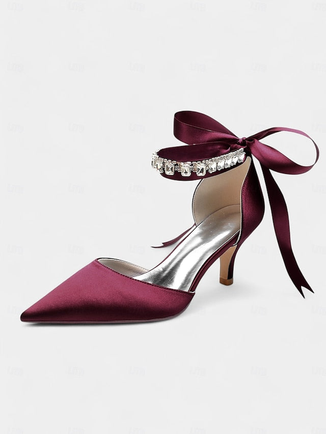 Heels Blue Ankle Strap Pointed-Kitten with and Rhinestone Satin
