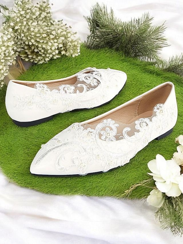 Mesh with Floral White Appliqué Design Shoes and Lace Wedding