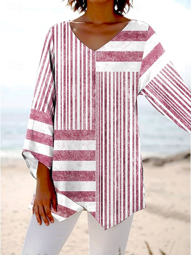 Women's Blouse Long Sleeve Asymmetrical Hem Graphic Striped