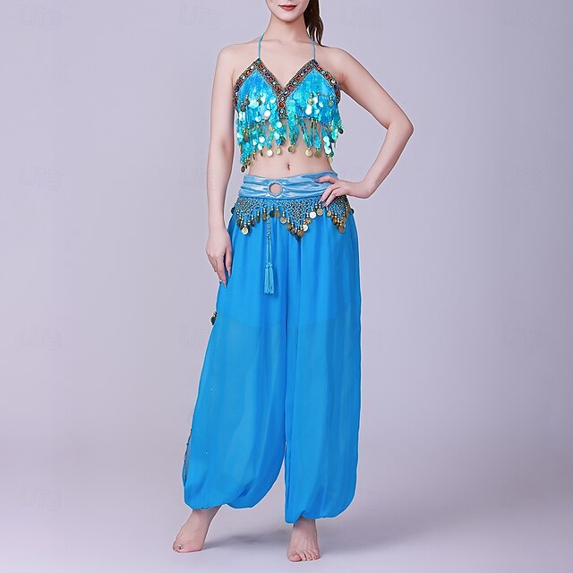 Latin Dance Top Gold Coin Pure Color Splicing Women's