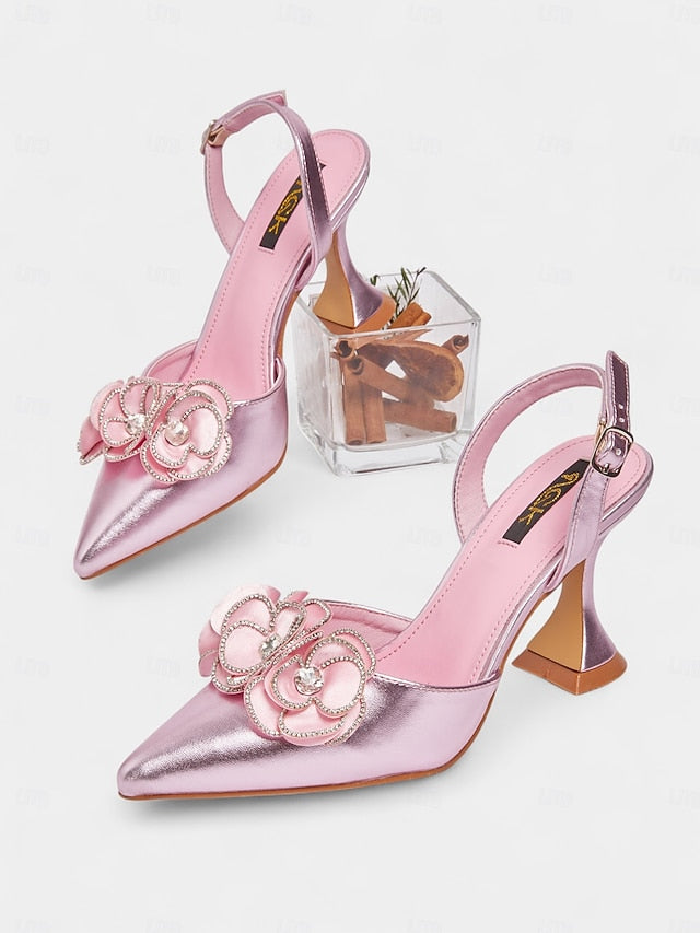 Satin Pointed with Women's Pink Heels Floral Toe