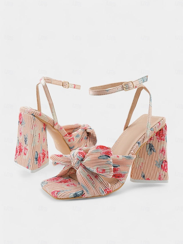Gold Block and Heel Textured Knot Detail Rose with Sandals