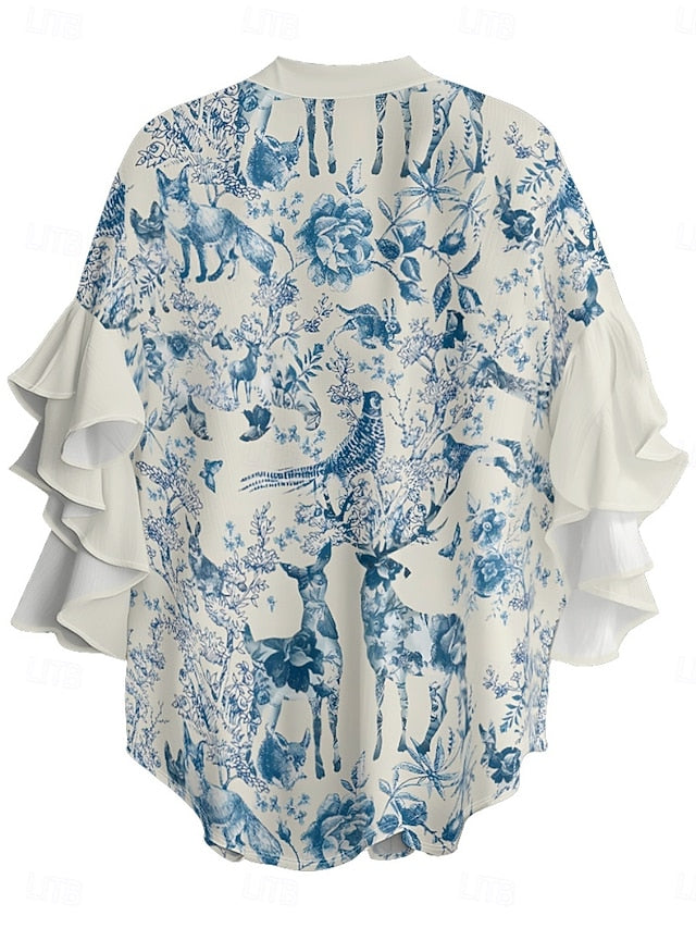 Women's Blouse Ruffle Print Floral Stylish Modern 3/4