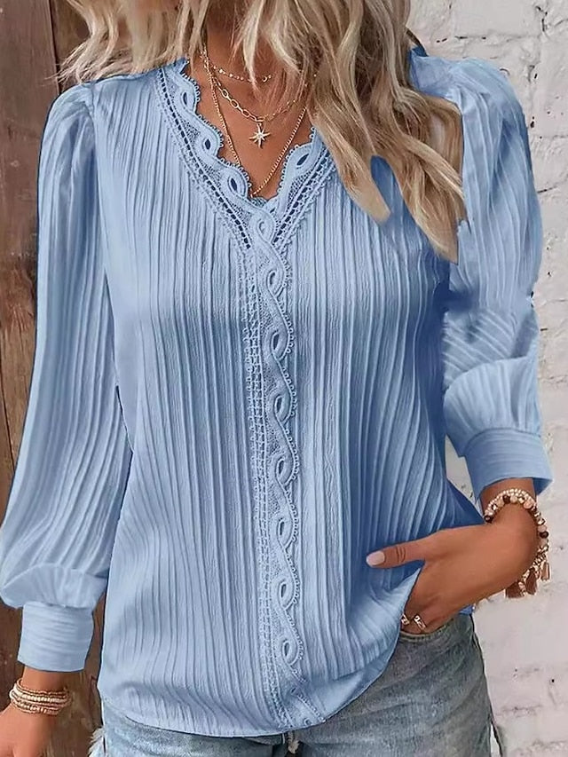 Women's Lace Shirt Blouse Lace Patchwork Solid Color
